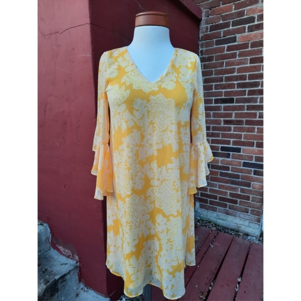 Calvin Klein Ruffle Sleeve Chiffon Yellow Print Dress 2 Spring Summer - Picture 7 of 10